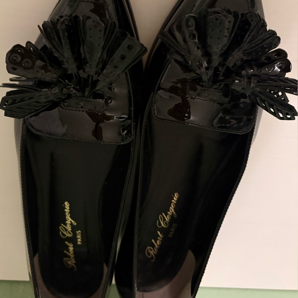 Women’s Robert Clergerie black patent leather loafer with small heel